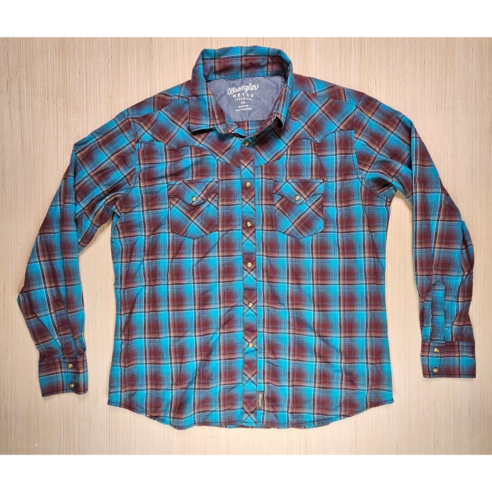 Wrangler Retro Premium Western Shirt Mens XXL Blue Plaid Pearl Snap MVR477M